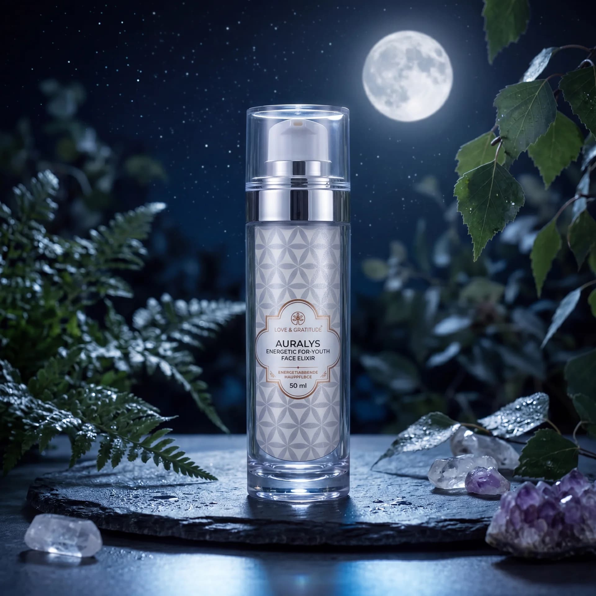 Auralys Mondschein-Elixir vor nächtlichem Vollmond, umgeben von Amethyst und Blättern