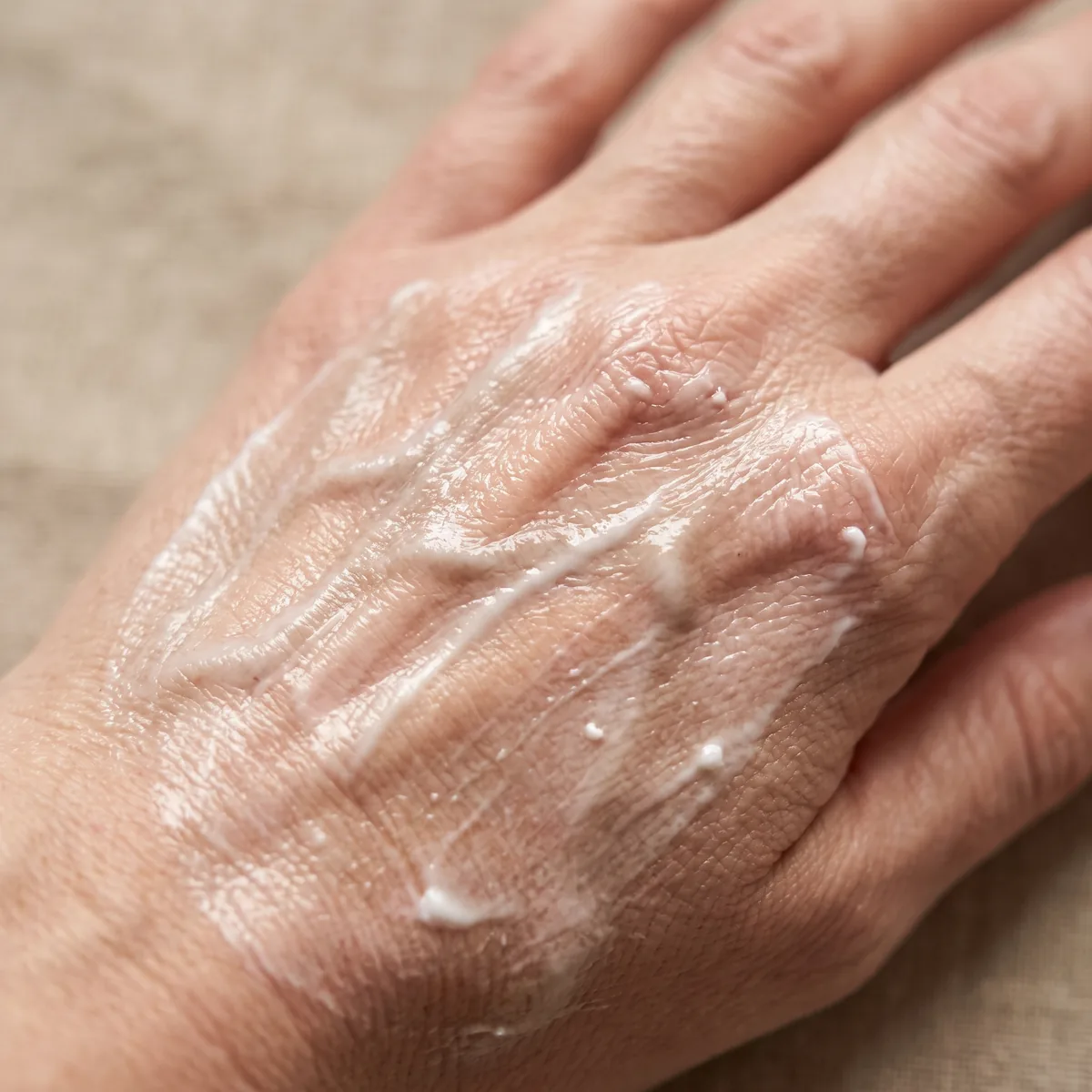 Dicke weiße Creme liegt als fettiger, glänzender Film auf dem Handrücken