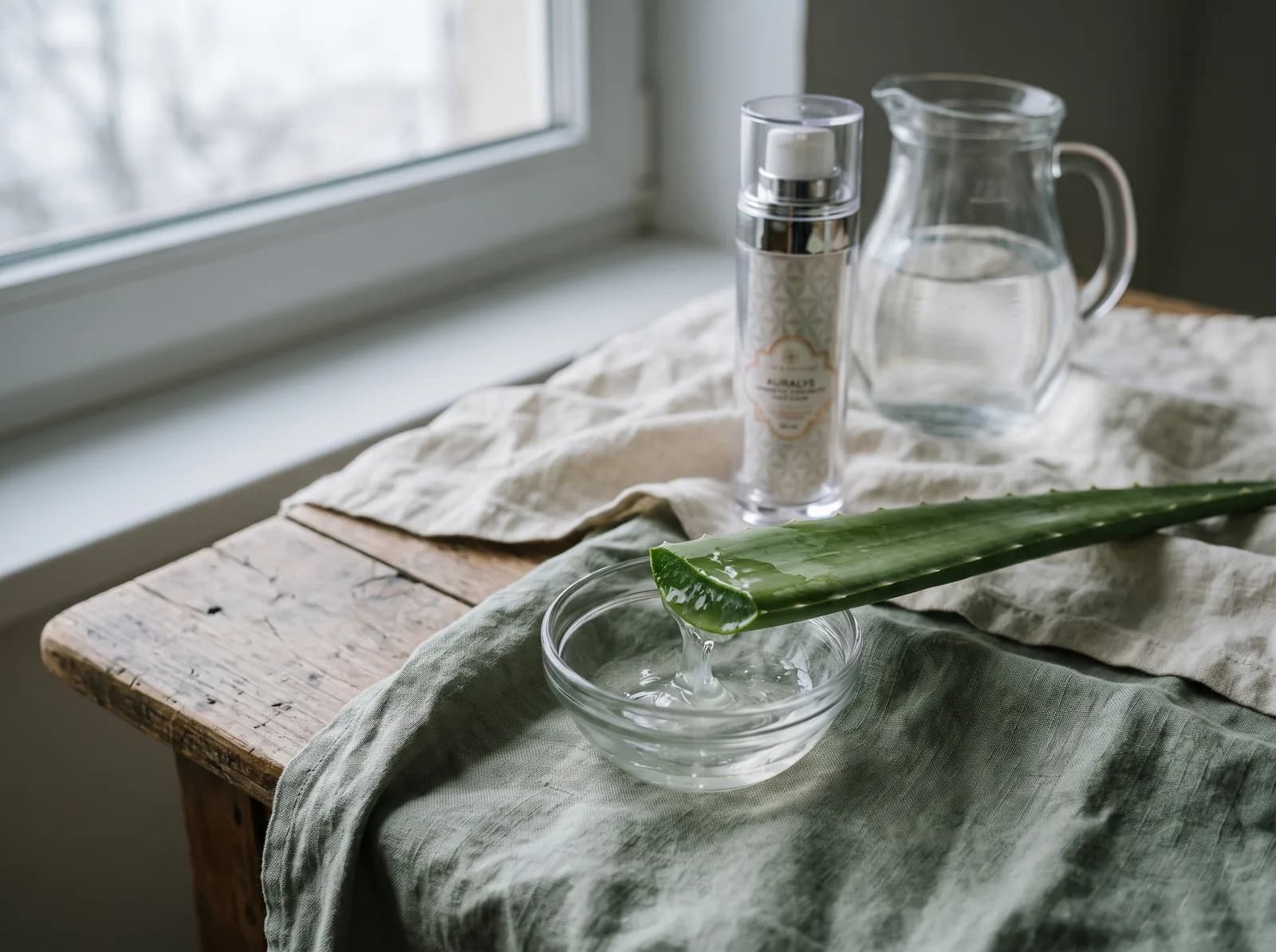 Aufgeschnittenes Aloe-Vera-Blatt, Gel läuft in eine Glasschale, dahinter das Fläschchen