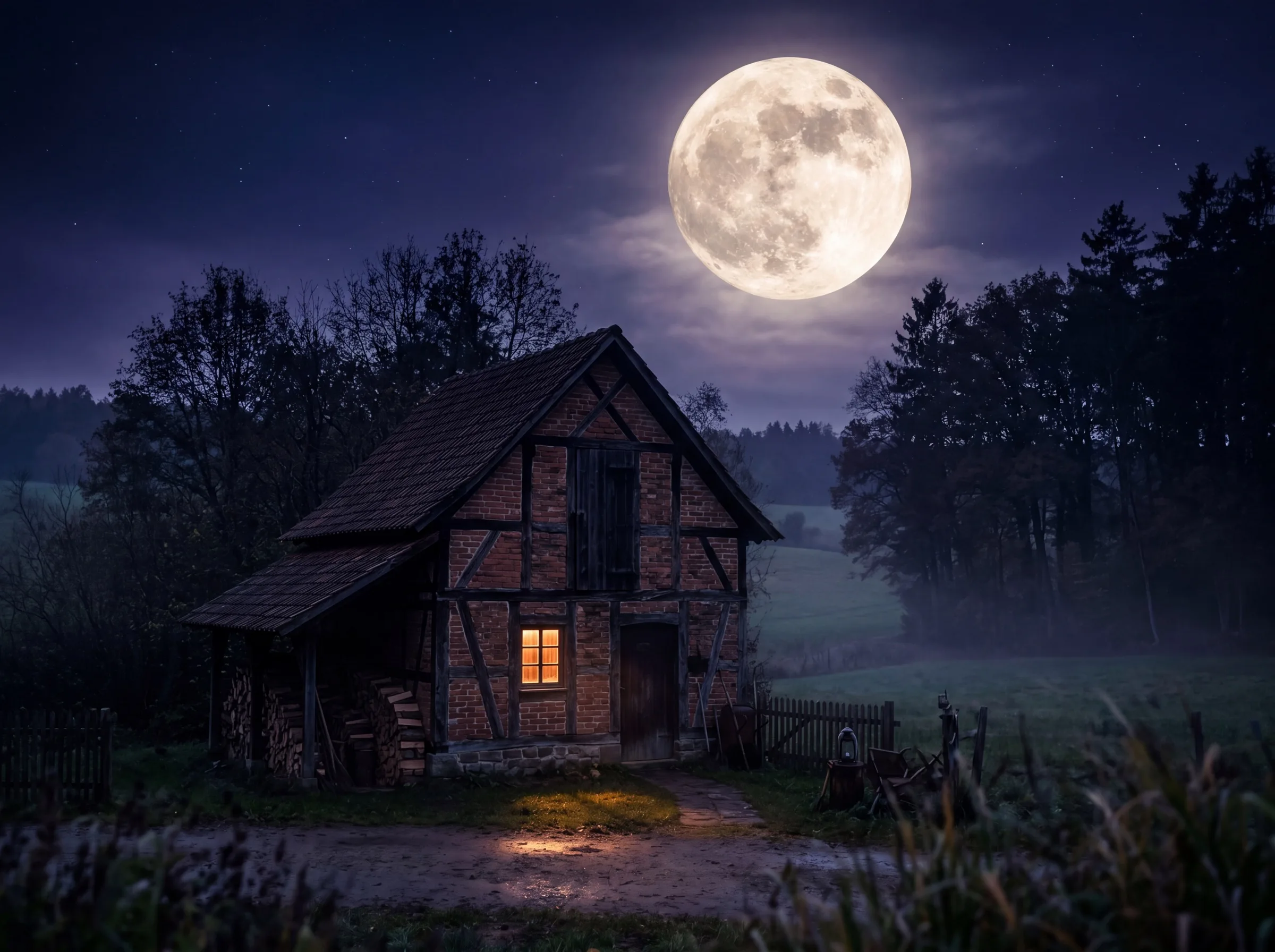 Manufaktur bei Vollmond, einzelnes Licht im Fenster